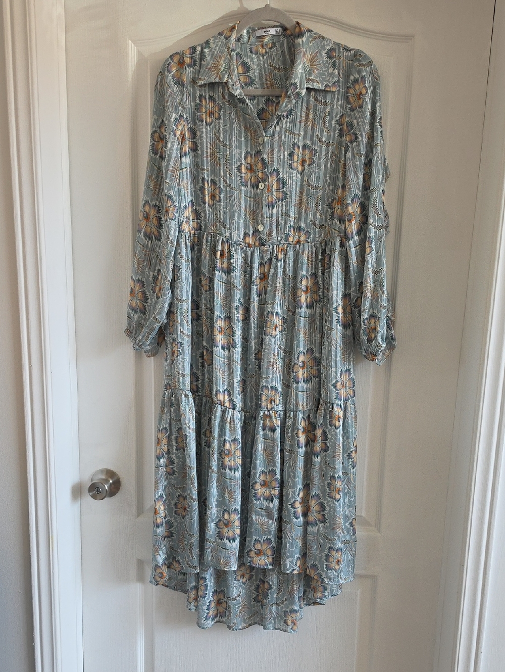 Mango Sage Green & Mustard Floral High-Low Midi Dress